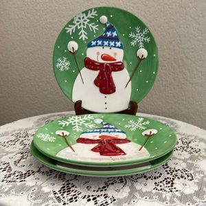 3 Pier 1 Imports Jolly Holiday Snowman Dishes. Hand Painted Dolomite. Brand New